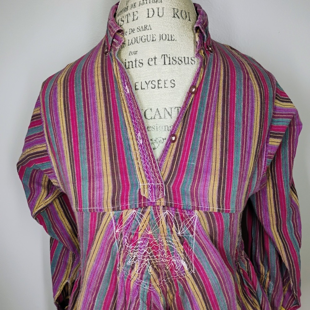 Vintage Bohemian Tunic Womens Small Striped Elephant Embroidered Hippie 70s Boho - Picture 6 of 15
